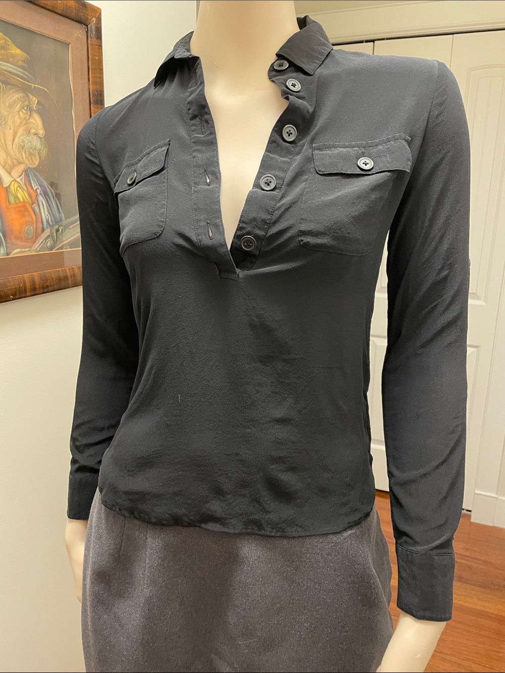 Banana Republic 100% Silk Black Long-Sleeve Button-Front Shirt